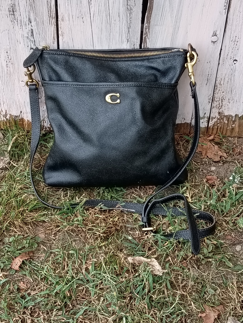 Vintage Coach Kitt Black Leather Crossbody Bag with Gold Hardware